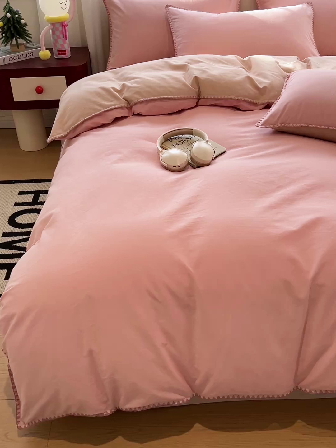 91家纺网 家纺一手货源 找家纺 棉生活家纺 2025新款简约北欧风全棉纯棉磨毛贝壳边四件套 粉黛