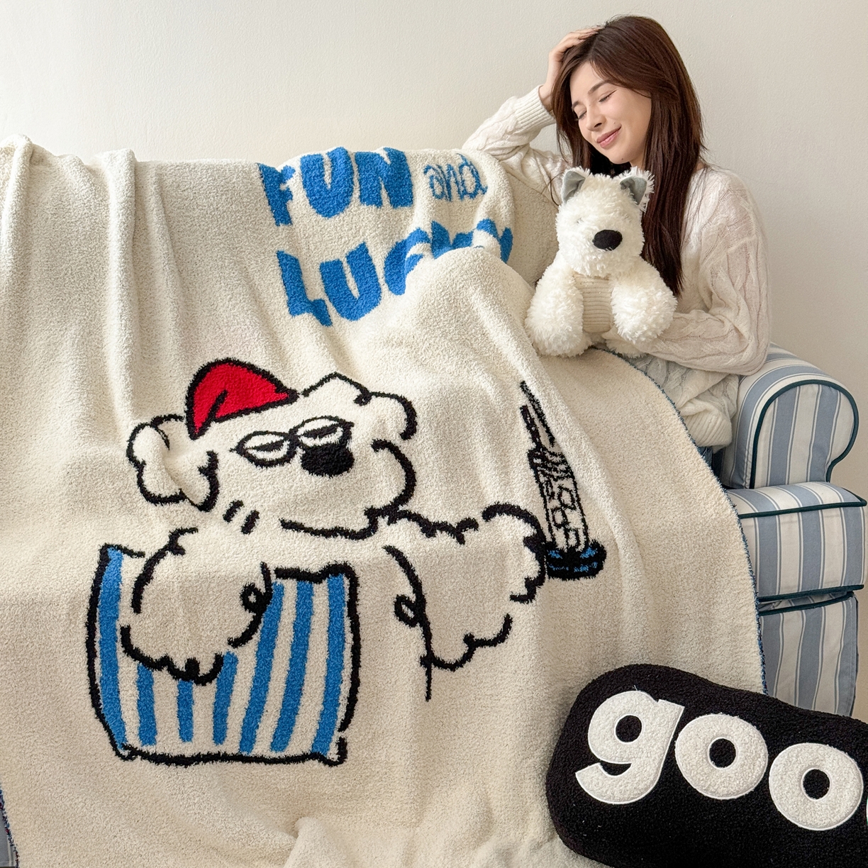 91家纺网 家纺一手货源 找家纺 丹本家纺 2025新款设计师原创多功能针织半边绒毛毯午休毯盖毯加厚毯子 幸运送餐狗