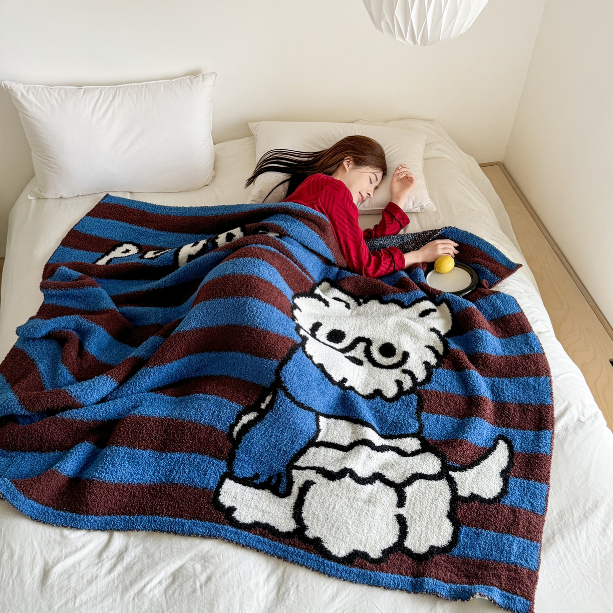 91家纺网 家纺一手货源 找家纺 丹本家纺 2025新款设计师原创多功能针织半边绒毛毯午休毯盖毯加厚毯子 蓝条绅士狗