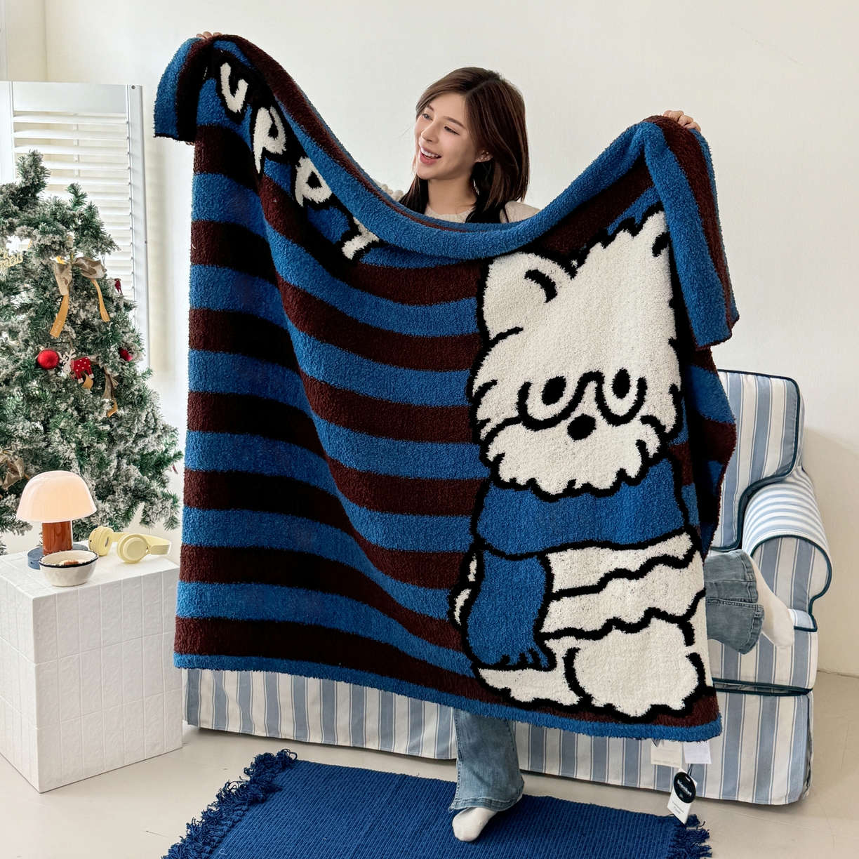 丹本家纺 2025新款设计师原创多功能针织半边绒毛毯午休毯盖毯加厚毯子 蓝条绅士狗
