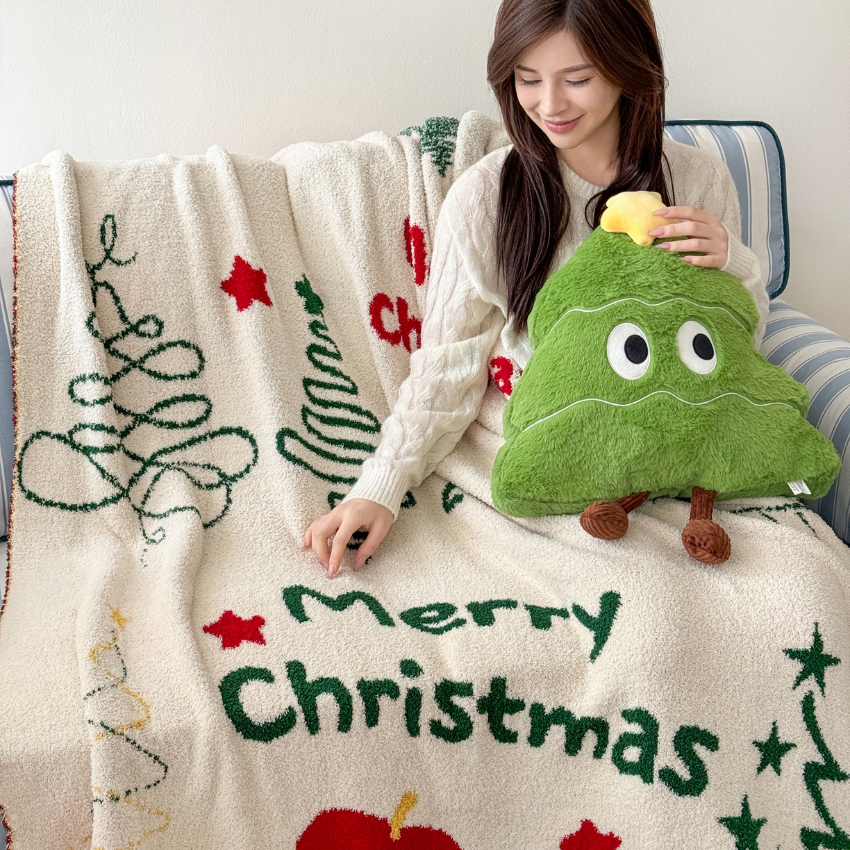 91家纺网 家纺一手货源 找家纺 丹本家纺 2025新款设计师原创多功能针织半边绒毛毯午休毯盖毯加厚毯子 圣诞快乐