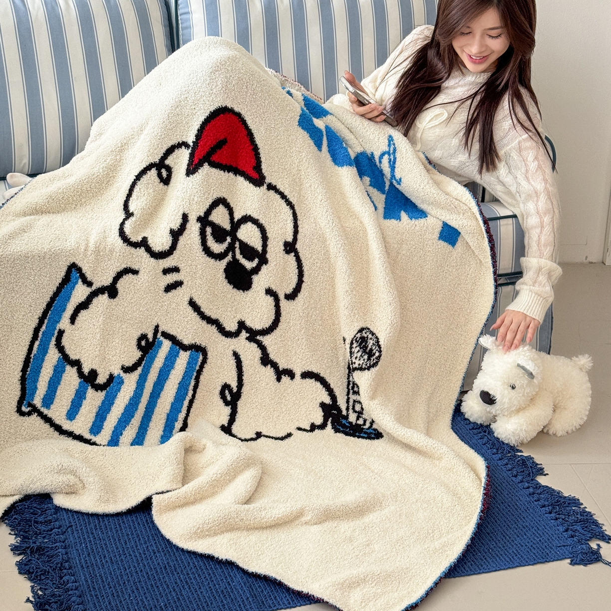 91家纺网 家纺一手货源 找家纺 丹本家纺 2025新款设计师原创多功能针织半边绒毛毯午休毯盖毯加厚毯子 幸运送餐狗