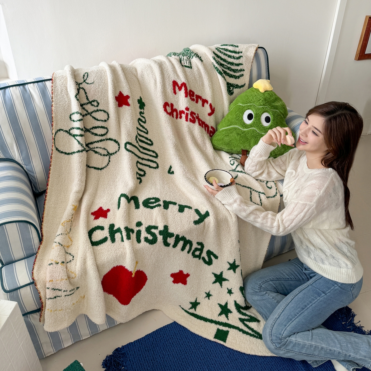 91家纺网 家纺一手货源 找家纺 丹本家纺 2025新款设计师原创多功能针织半边绒毛毯午休毯盖毯加厚毯子 圣诞快乐