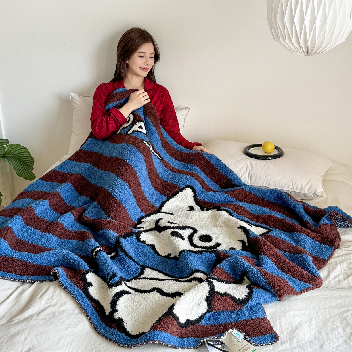 91家纺网 家纺一手货源 找家纺 丹本家纺 2025新款设计师原创多功能针织半边绒毛毯午休毯盖毯加厚毯子 蓝条绅士狗