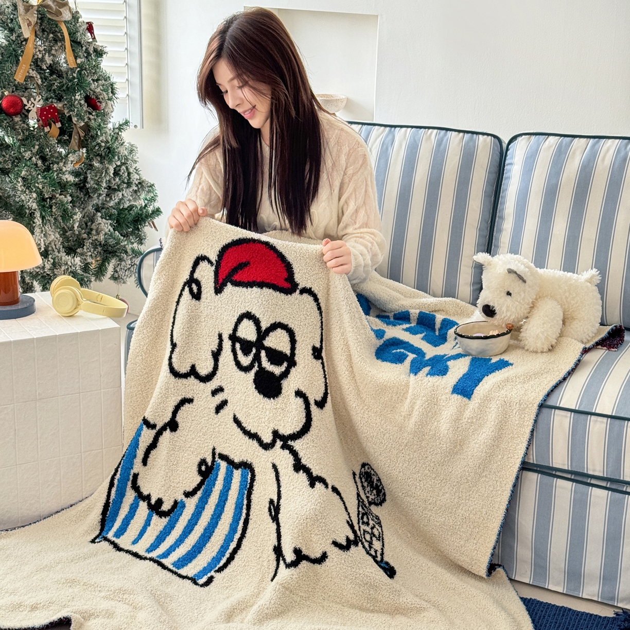 91家纺网 家纺一手货源 找家纺 丹本家纺 2025新款设计师原创多功能针织半边绒毛毯午休毯盖毯加厚毯子 幸运送餐狗