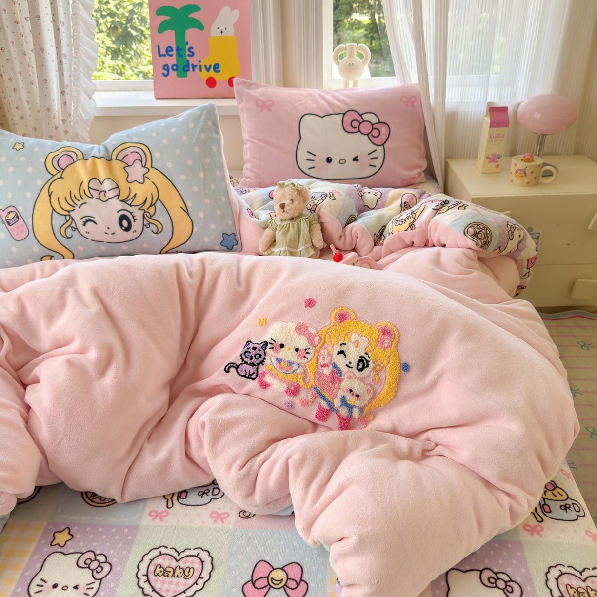 91家纺网 家纺一手货源 找家纺 一霖家纺 2025新款小清新牛奶绒毛巾绣四件套-第二波 美少女战士粉绒