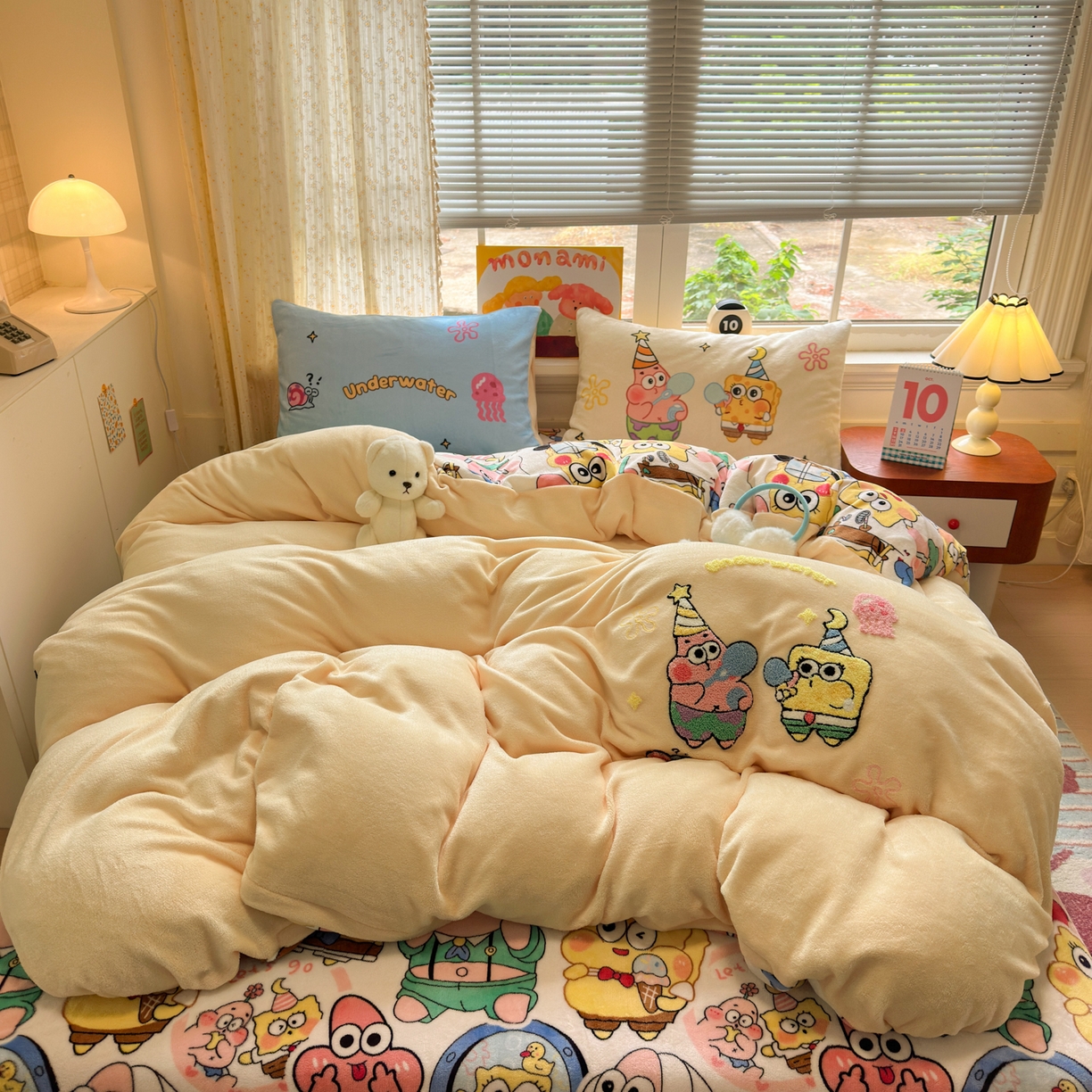 91家纺网 家纺一手货源 找家纺 一霖家纺 2025新款小清新牛奶绒毛巾绣四件套-第二波 吹泡泡黄色