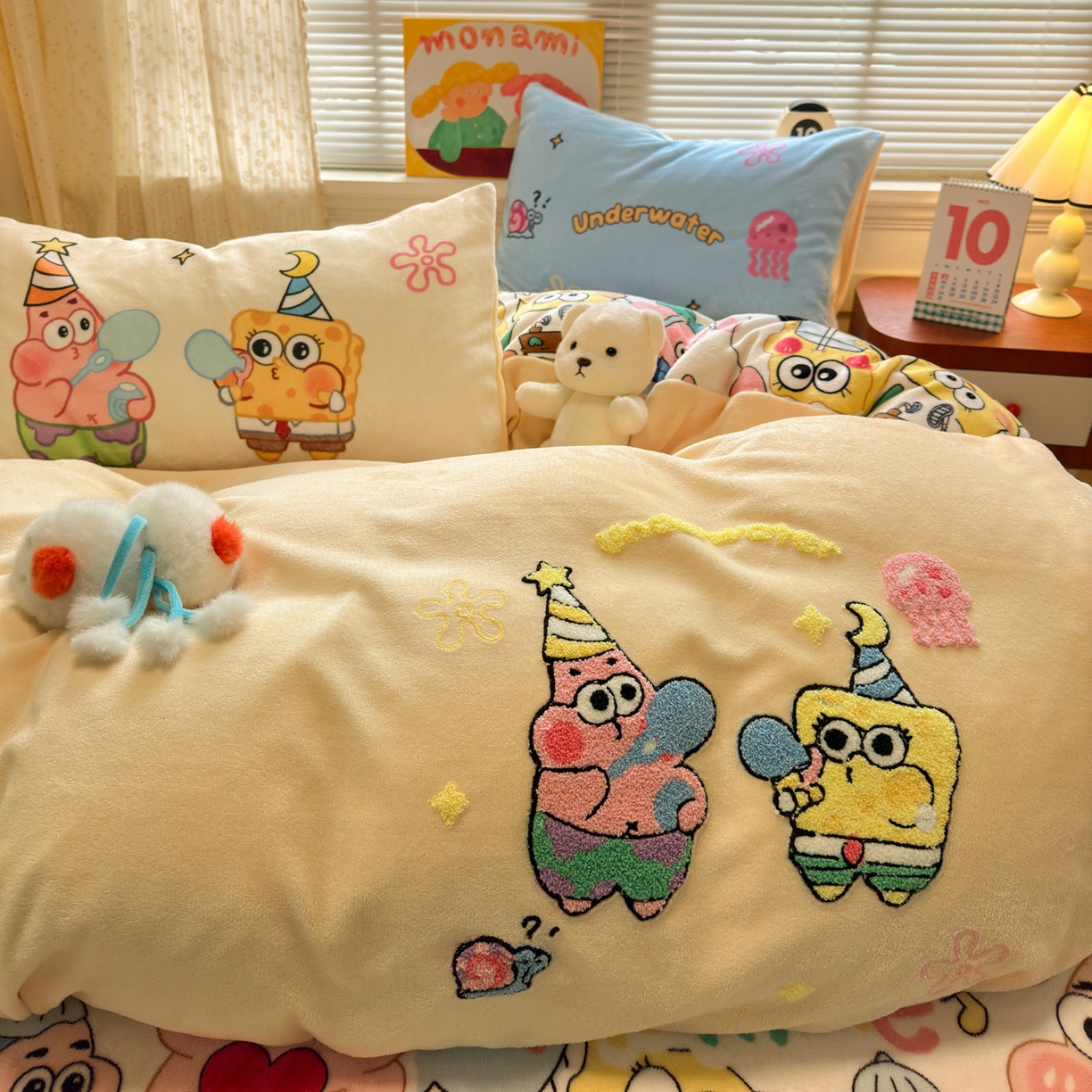 91家纺网 家纺一手货源 找家纺 一霖家纺 2025新款小清新牛奶绒毛巾绣四件套-第二波 吹泡泡黄色