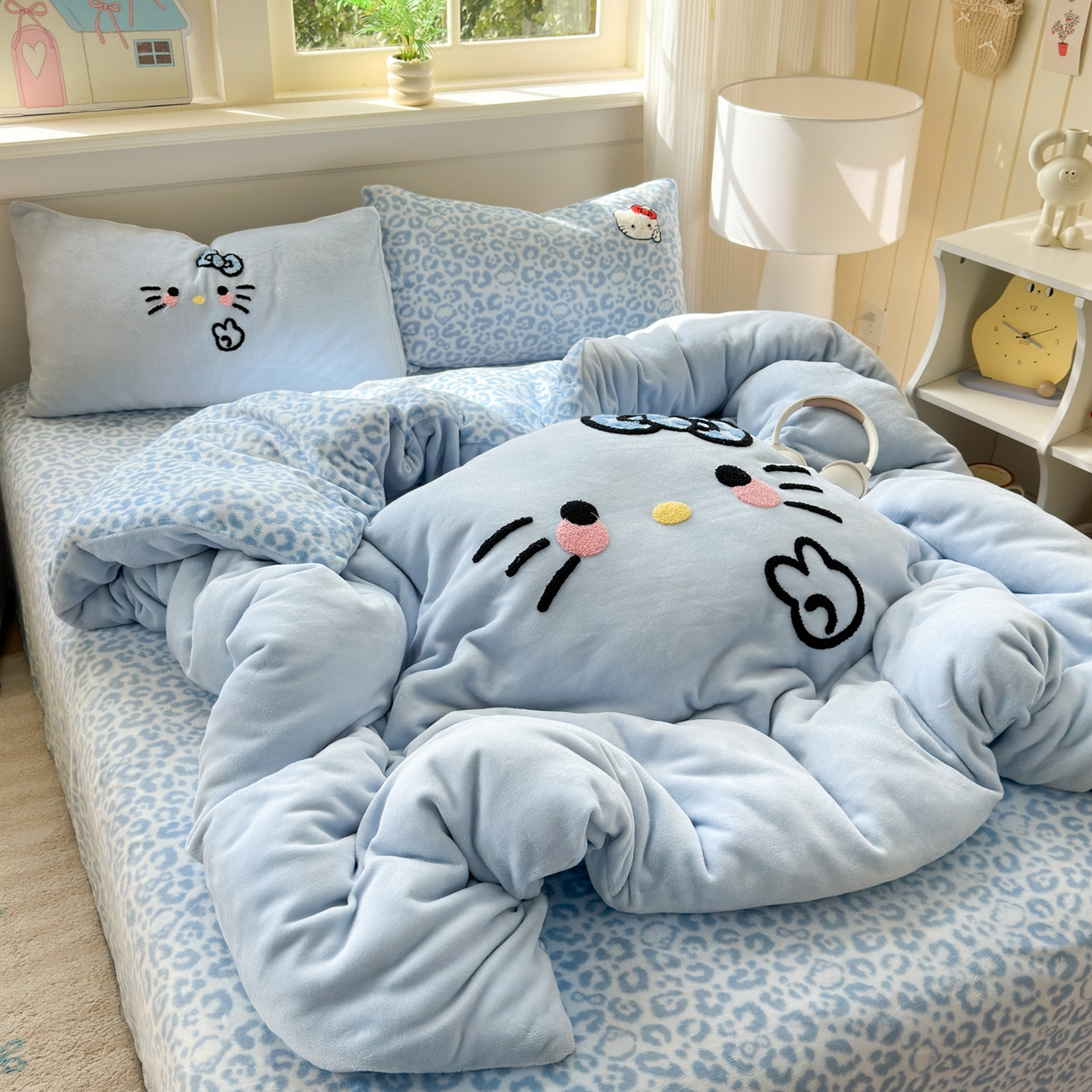 91家纺网 家纺一手货源 找家纺 一霖家纺 2025新款小清新牛奶绒毛巾绣四件套-第二波 豹纹KT蓝