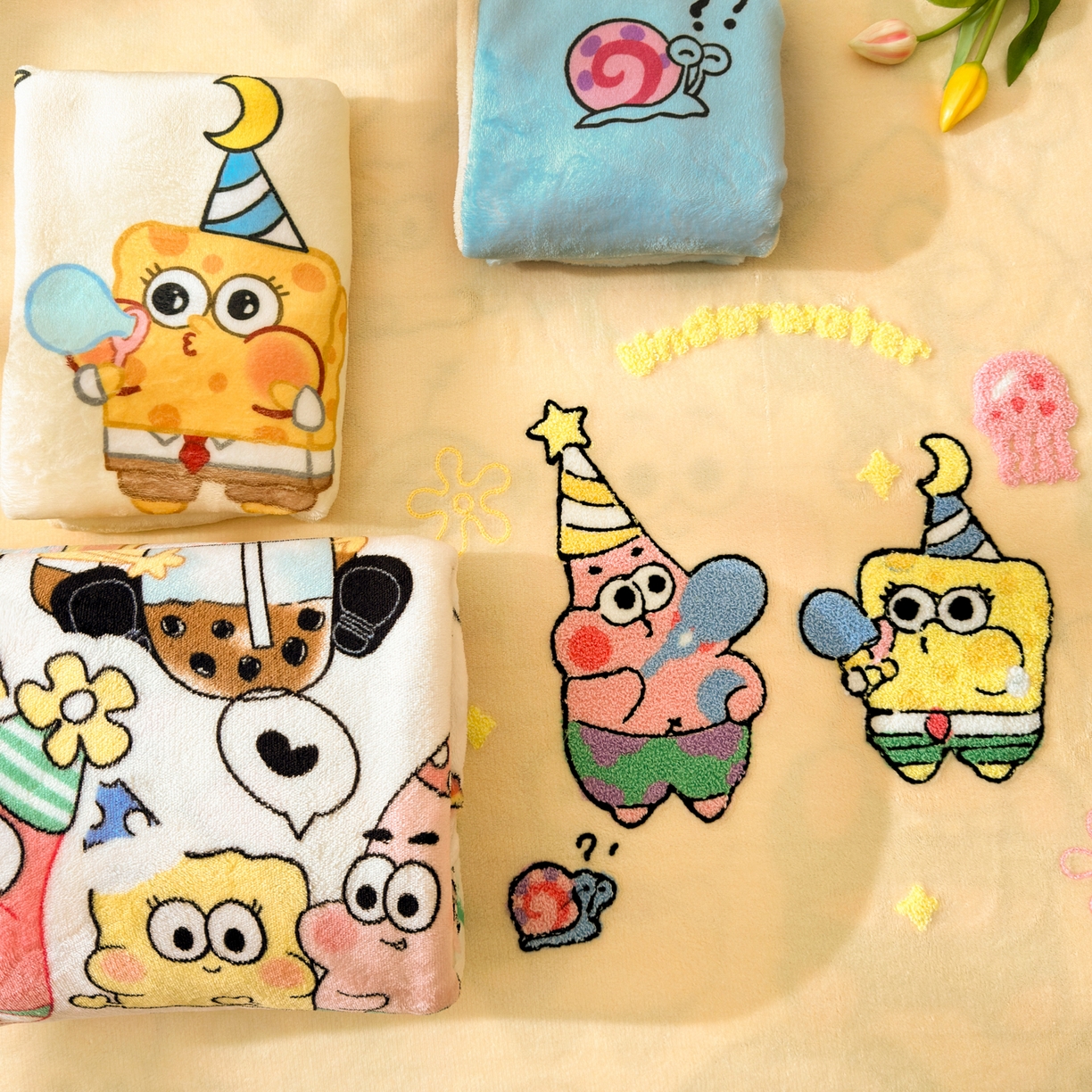 91家纺网 家纺一手货源 找家纺 一霖家纺 2025新款小清新牛奶绒毛巾绣四件套-第二波 吹泡泡黄色