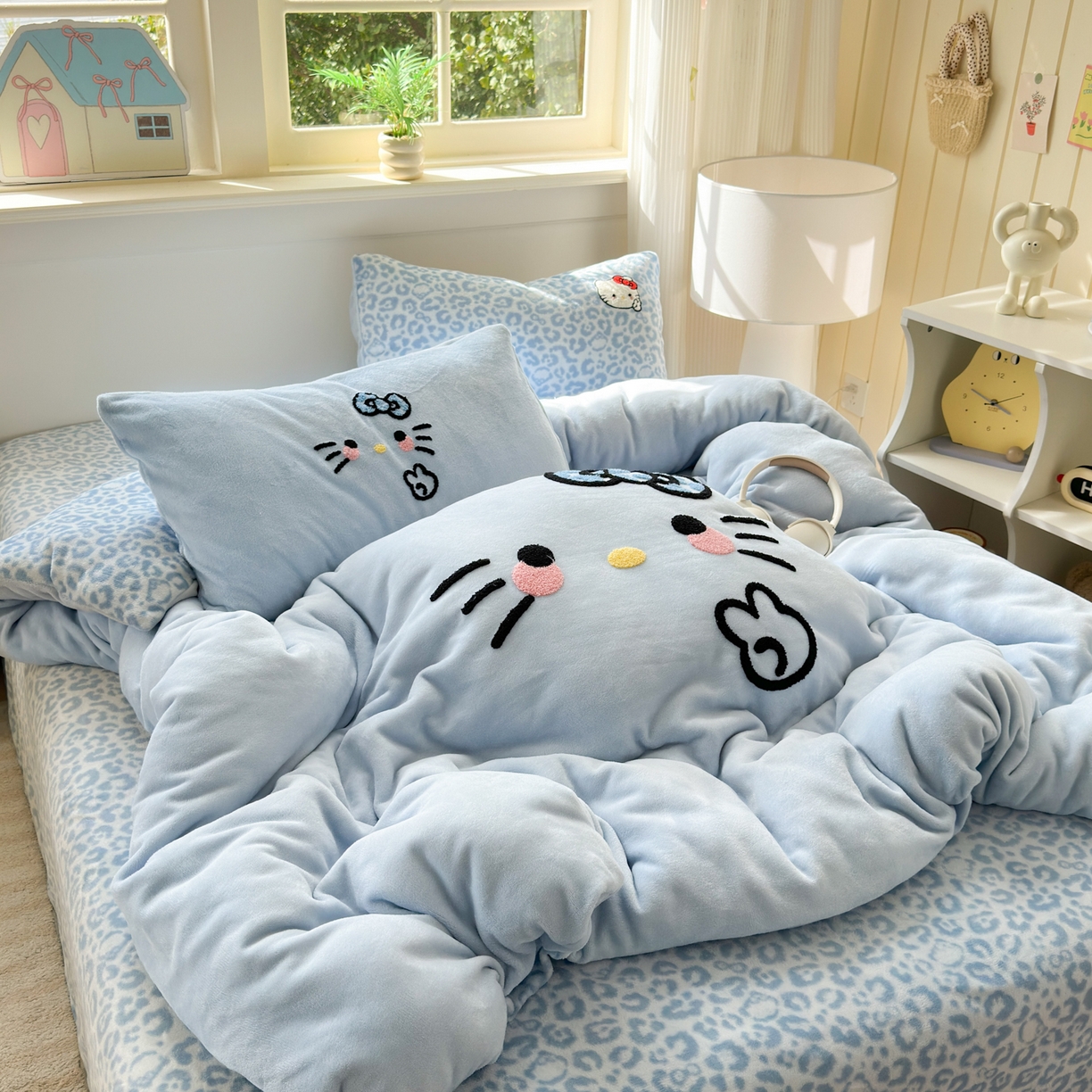 91家纺网 家纺一手货源 找家纺 一霖家纺 2025新款小清新牛奶绒毛巾绣四件套-第二波 豹纹KT蓝