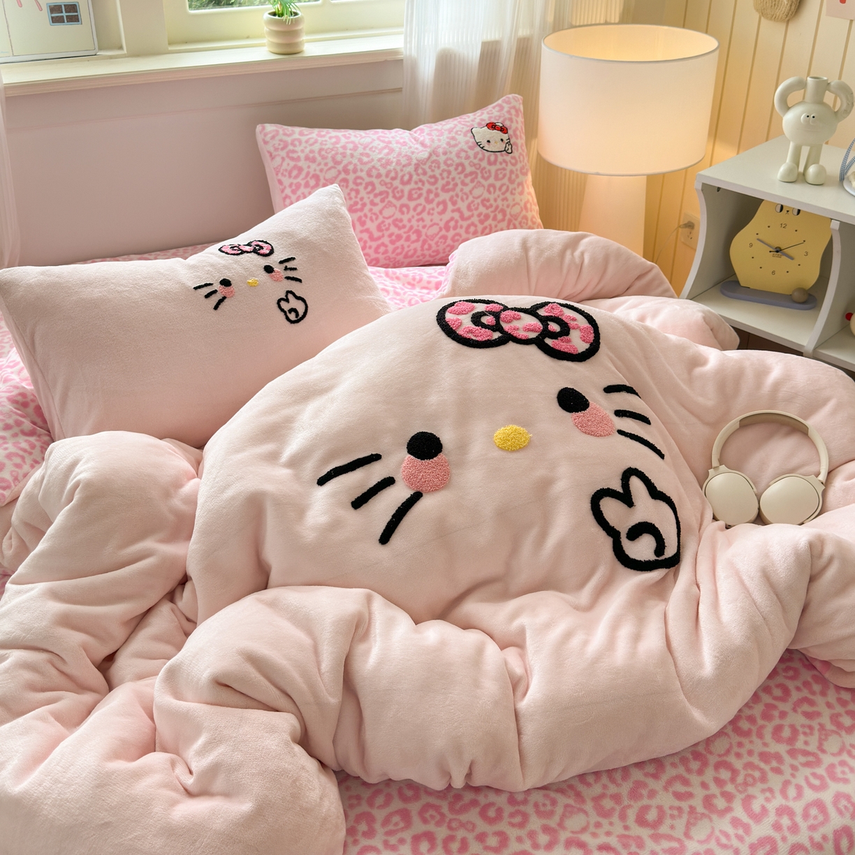 91家纺网 家纺一手货源 找家纺 乐童家纺 2025新款小清新牛奶绒毛巾绣四件套-第二波 豹纹KT粉