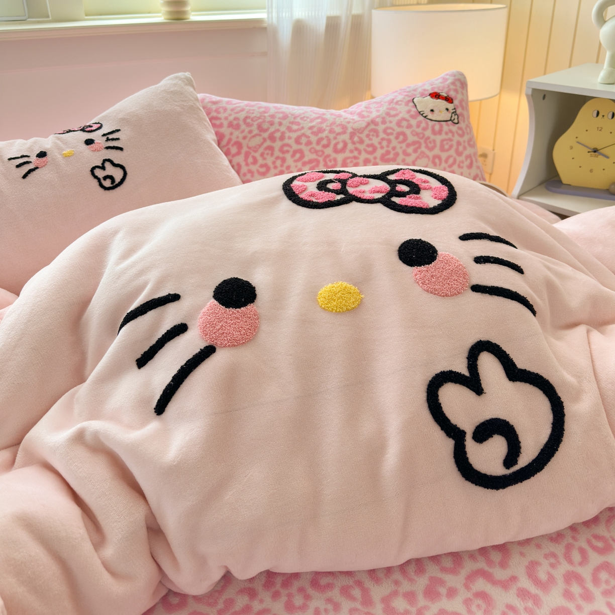 91家纺网 家纺一手货源 找家纺 乐童家纺 2025新款小清新牛奶绒毛巾绣四件套-第二波 豹纹KT粉