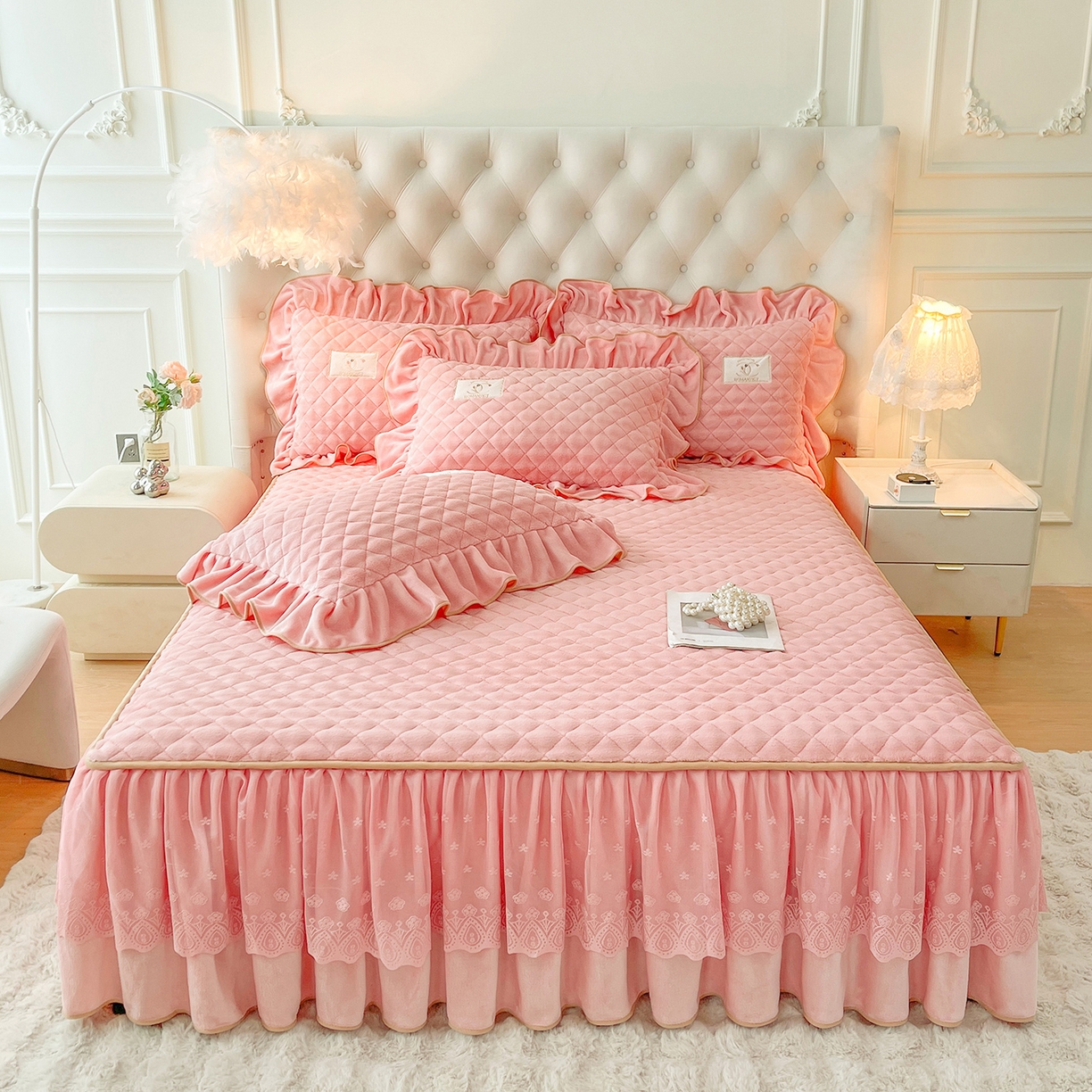 情恒家纺 2025新款立体泡泡牛奶绒夹棉床裙三件套系列-浅语光年 浅语光年-香粉