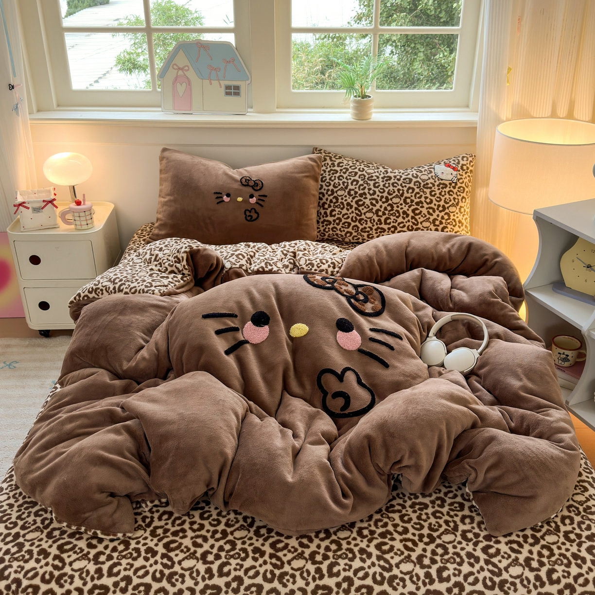 91家纺网 家纺一手货源 找家纺 乐童家纺 2025新款小清新牛奶绒毛巾绣四件套-第二波 黑皮KT咖