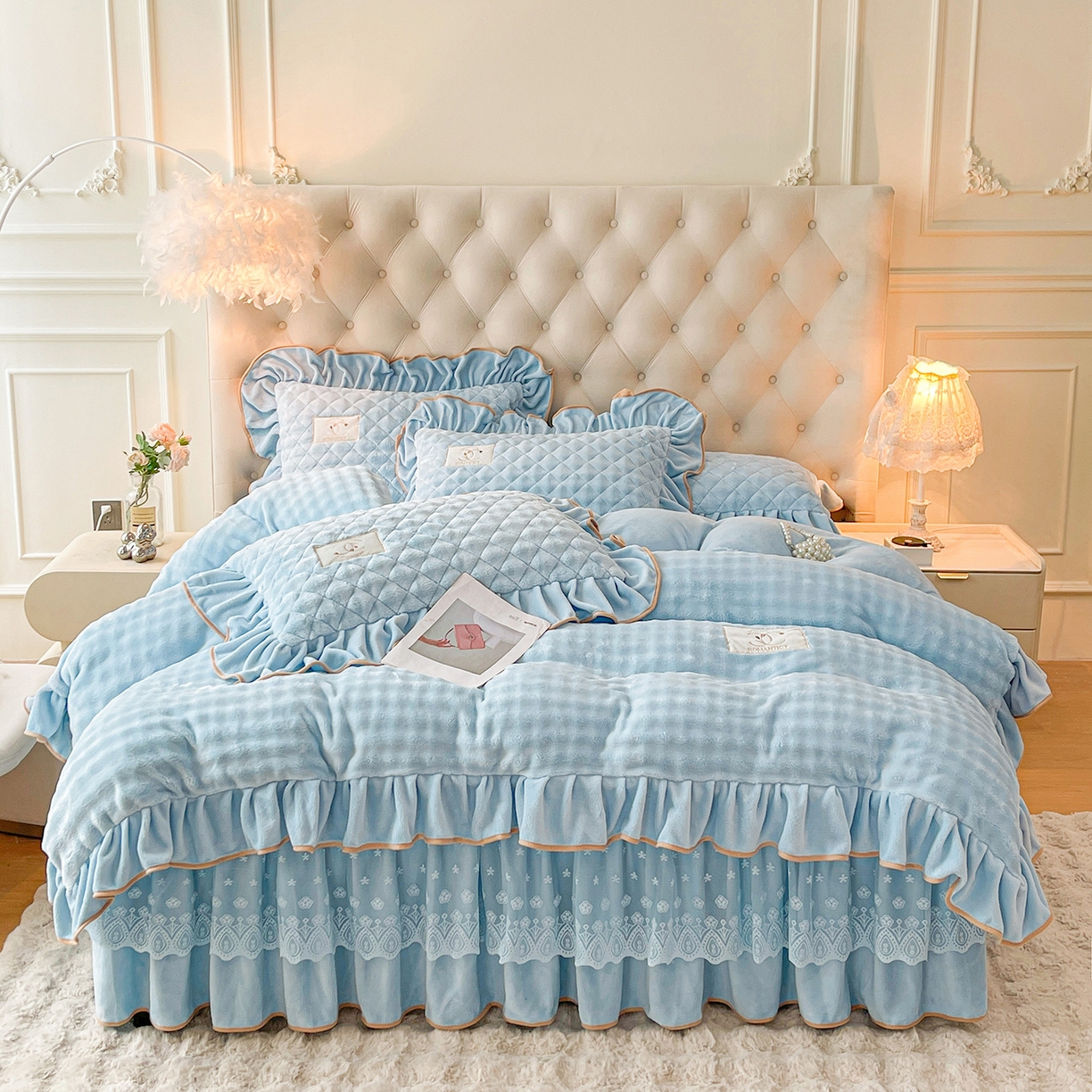 91家纺网 家纺一手货源 找家纺 情恒家纺 2025新款立体泡泡牛奶绒夹棉床裙四件套系列-浅语光年 浅语光年-蔚蓝