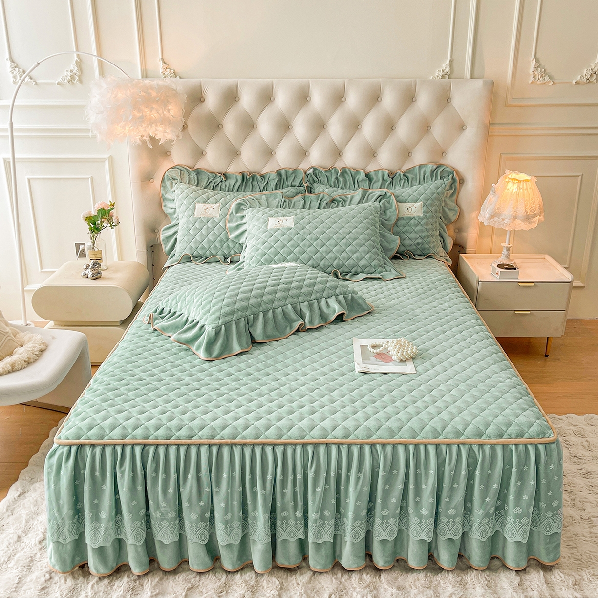 91家纺网 家纺一手货源 找家纺 情恒家纺 2025新款立体泡泡牛奶绒夹棉床裙四件套系列-浅语光年 浅语光年-水绿