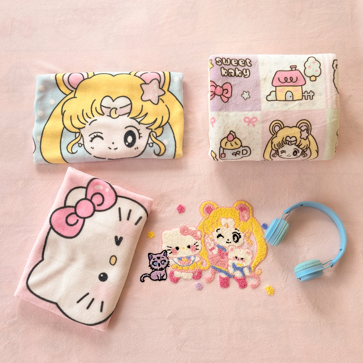 91家纺网 家纺一手货源 找家纺 乐童家纺 2025新款小清新牛奶绒毛巾绣四件套-第二波 美少女战士粉绒