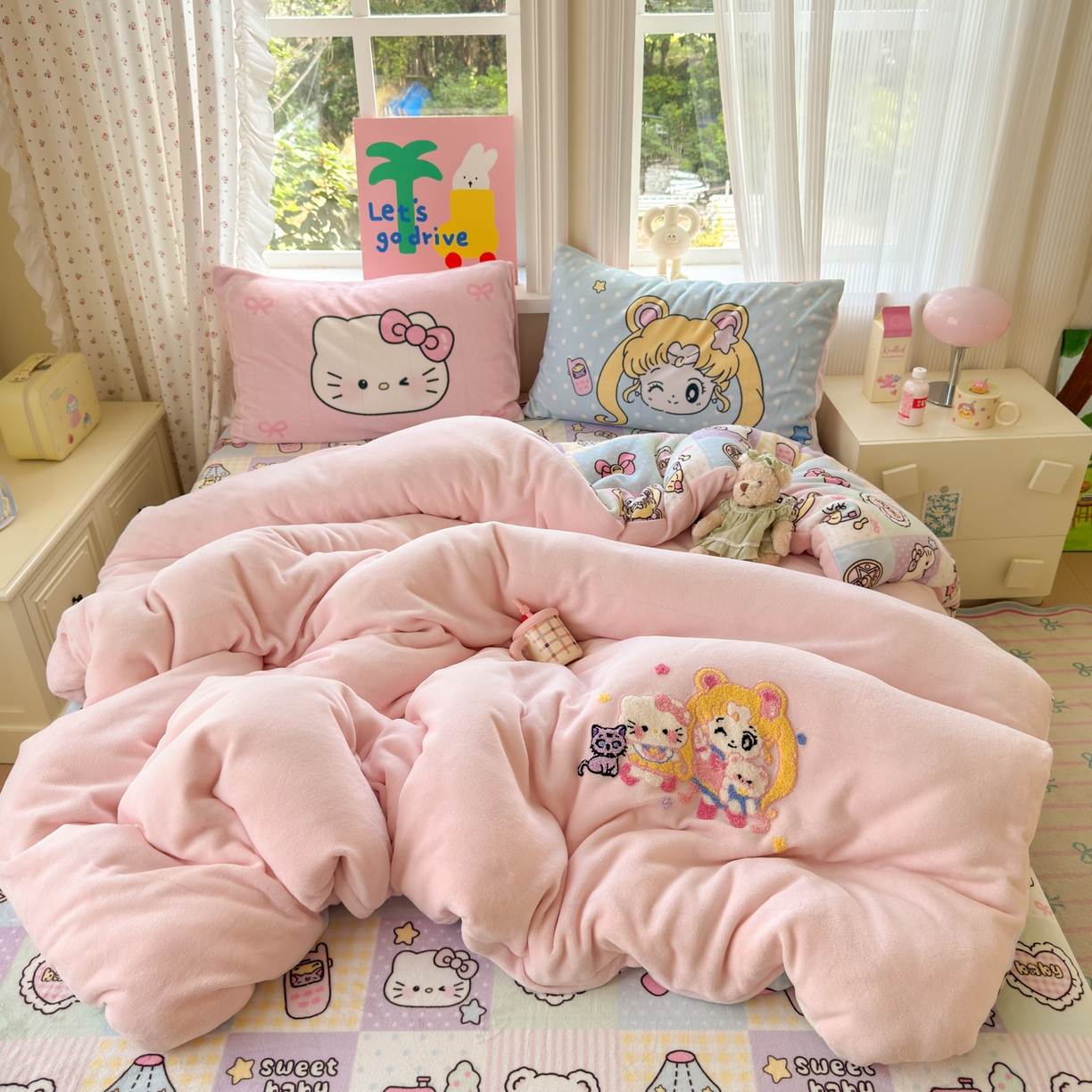 91家纺网 家纺一手货源 找家纺 乐童家纺 2025新款小清新牛奶绒毛巾绣四件套-第二波 美少女战士粉绒