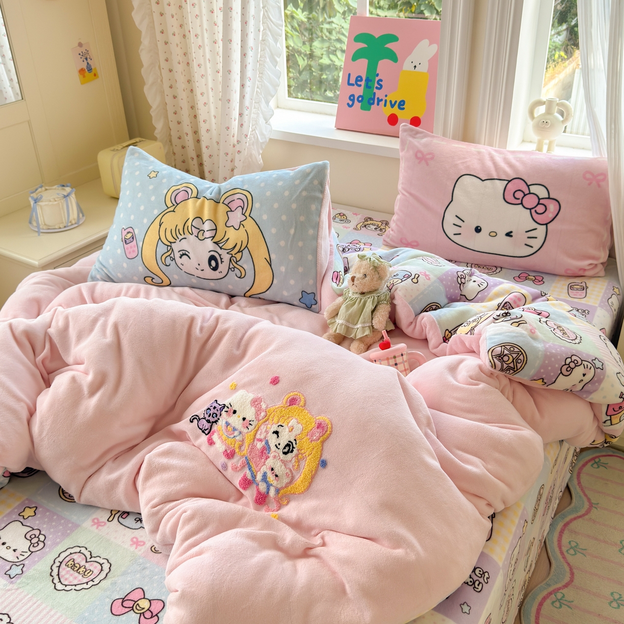 91家纺网 家纺一手货源 找家纺 乐童家纺 2025新款小清新牛奶绒毛巾绣四件套-第二波 美少女战士粉绒