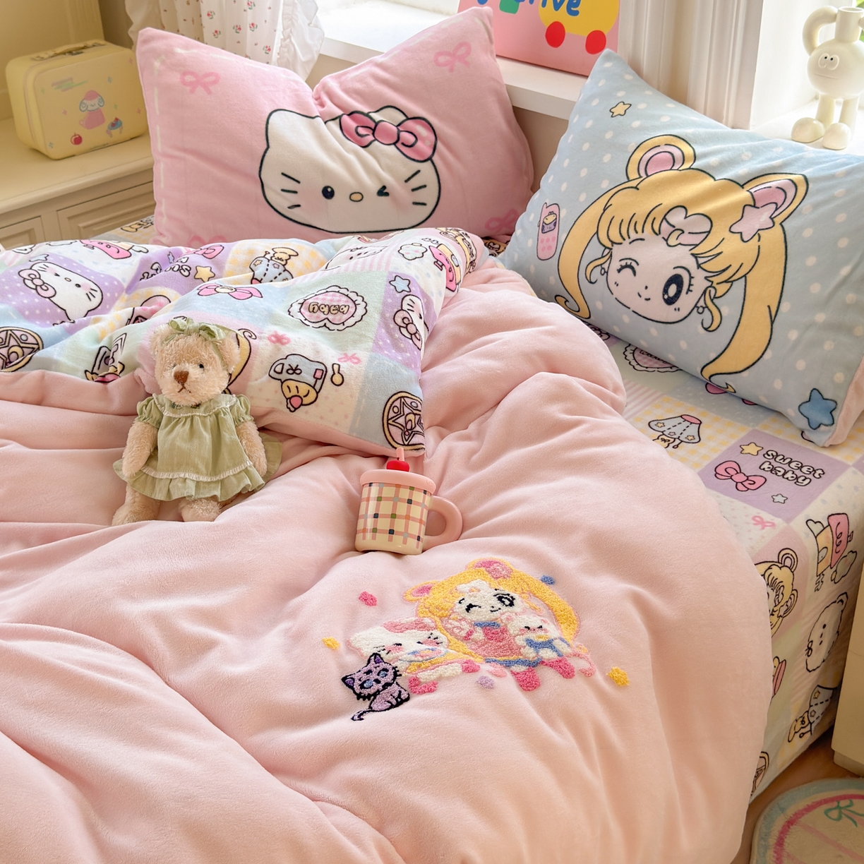 91家纺网 家纺一手货源 找家纺 乐童家纺 2025新款小清新牛奶绒毛巾绣四件套-第二波 美少女战士粉绒