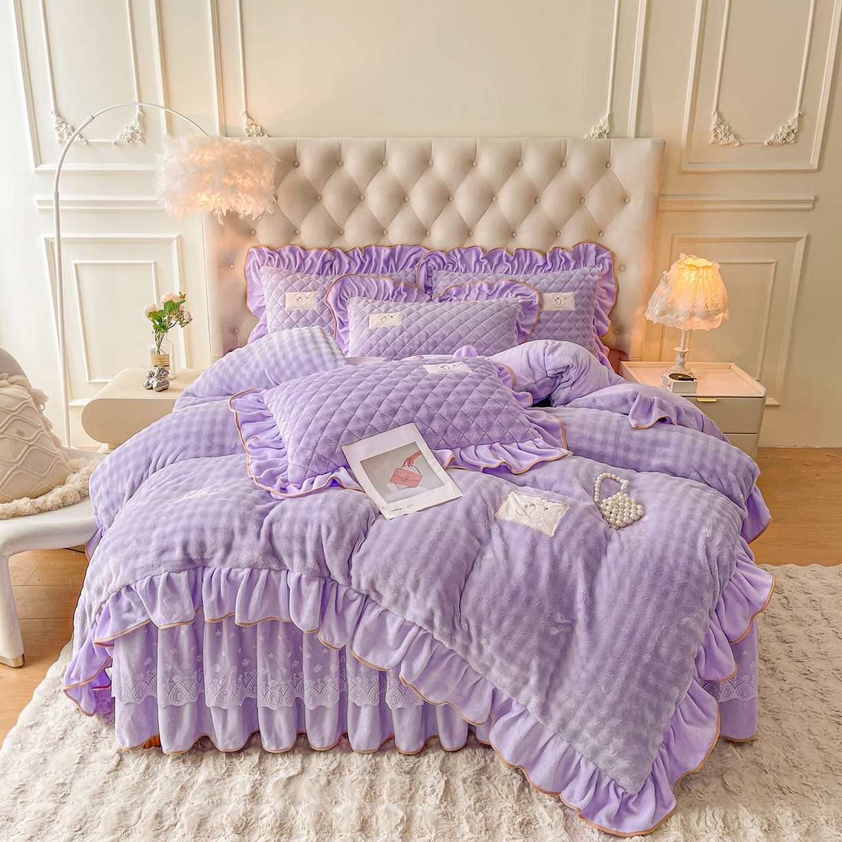 情恒家纺 2025新款立体泡泡牛奶绒夹棉床裙四件套系列-浅语光年 浅语光年-梦紫