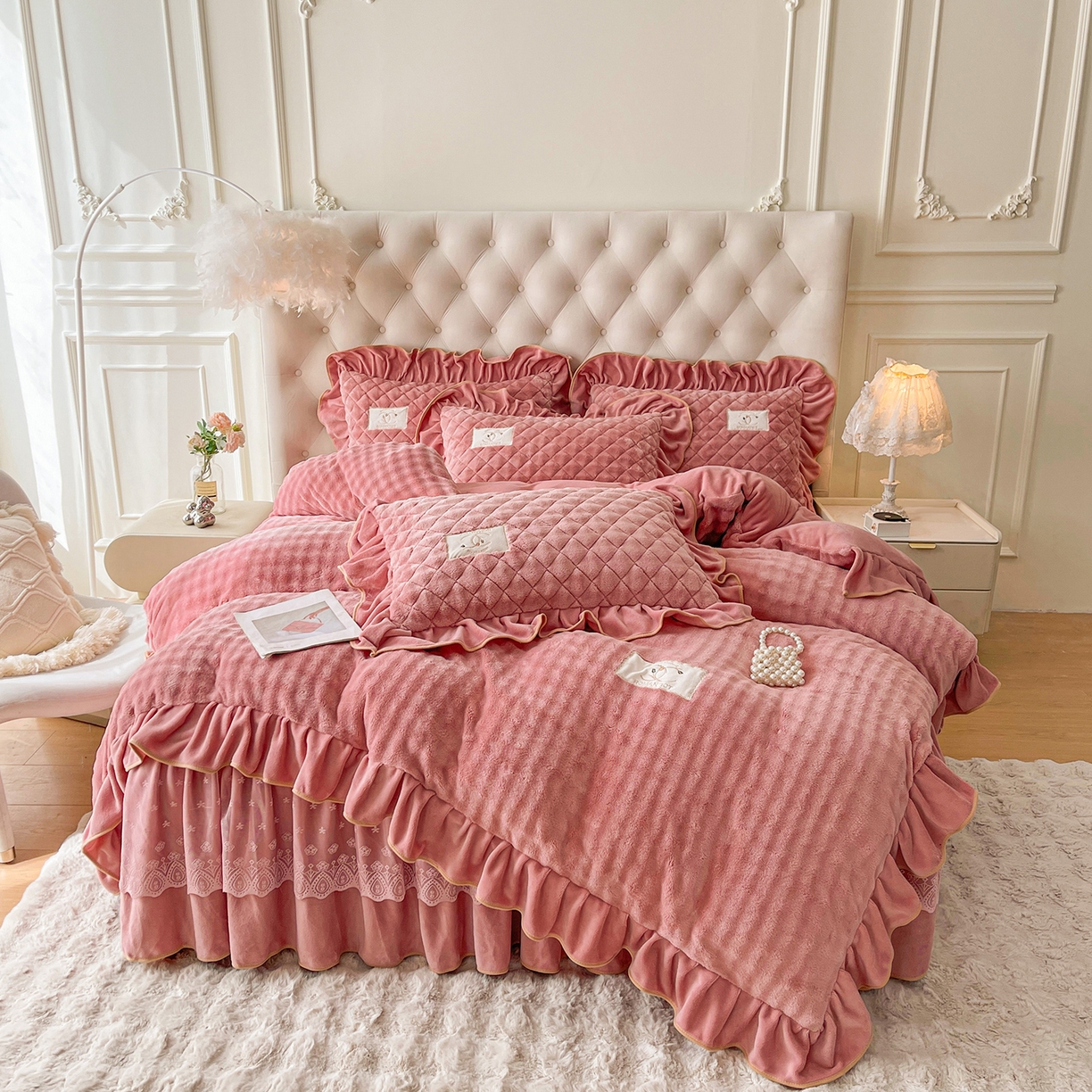 情恒家纺 2025新款立体泡泡牛奶绒夹棉床裙四件套系列-浅语光年 浅语光年-豆沙