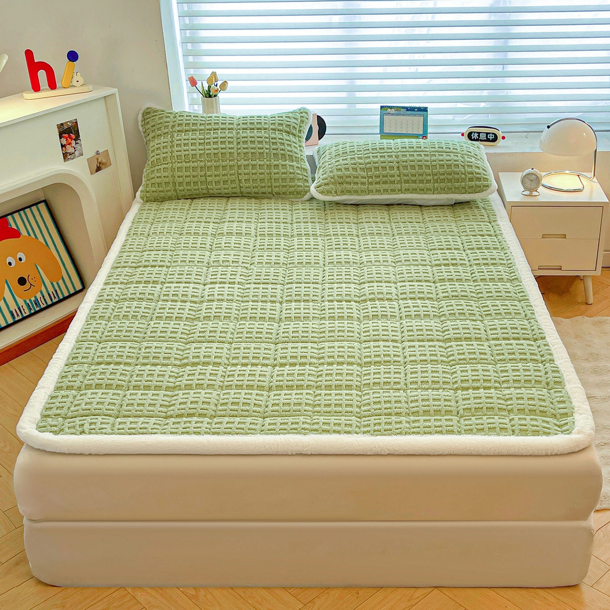 91家纺网 家纺一手货源 找家纺 予梦家纺 2025新款加厚塔芙绒床垫床褥床护垫（带卖点图和买家秀） 华夫格 果绿
