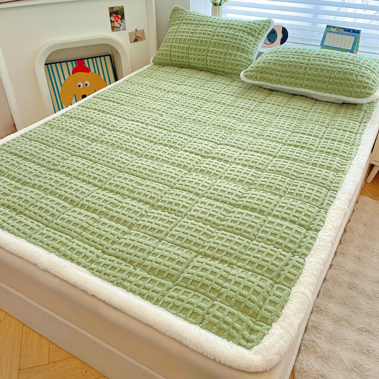 91家纺网 家纺一手货源 找家纺 予梦家纺 2025新款加厚塔芙绒床垫床褥床护垫（带卖点图和买家秀） 华夫格 果绿