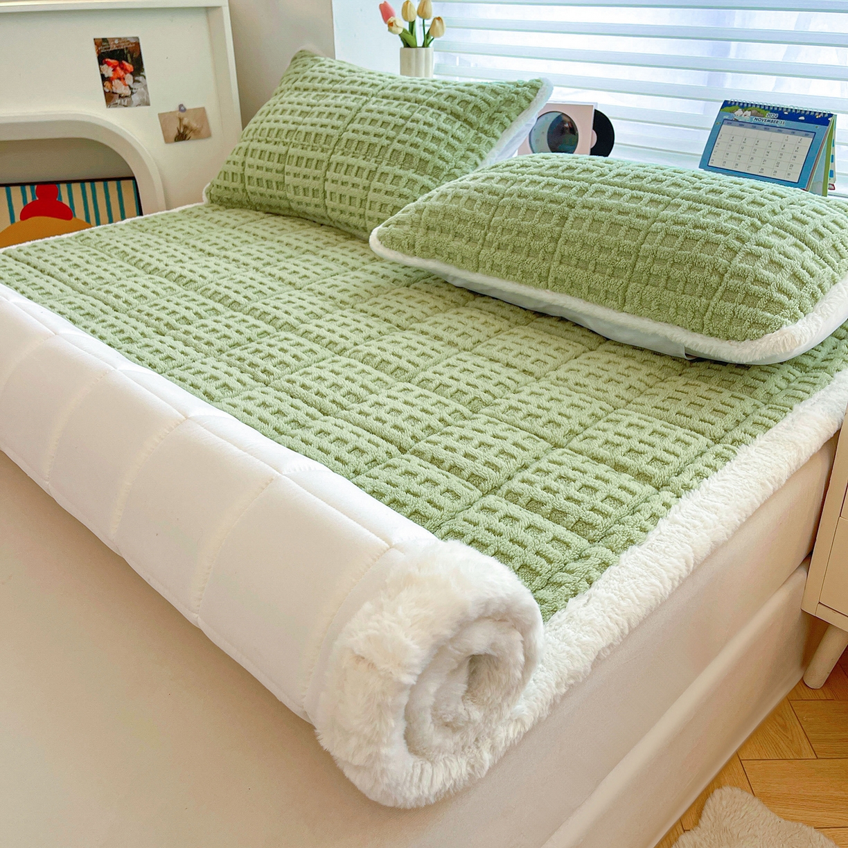 91家纺网 家纺一手货源 找家纺 予梦家纺 2025新款加厚塔芙绒床垫床褥床护垫（带卖点图和买家秀） 华夫格 果绿