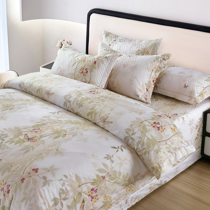 91家纺网 家纺一手货源 找家纺 OL家纺 2025新款13376全棉印花床盖四件套 桃枝夭夭-绿