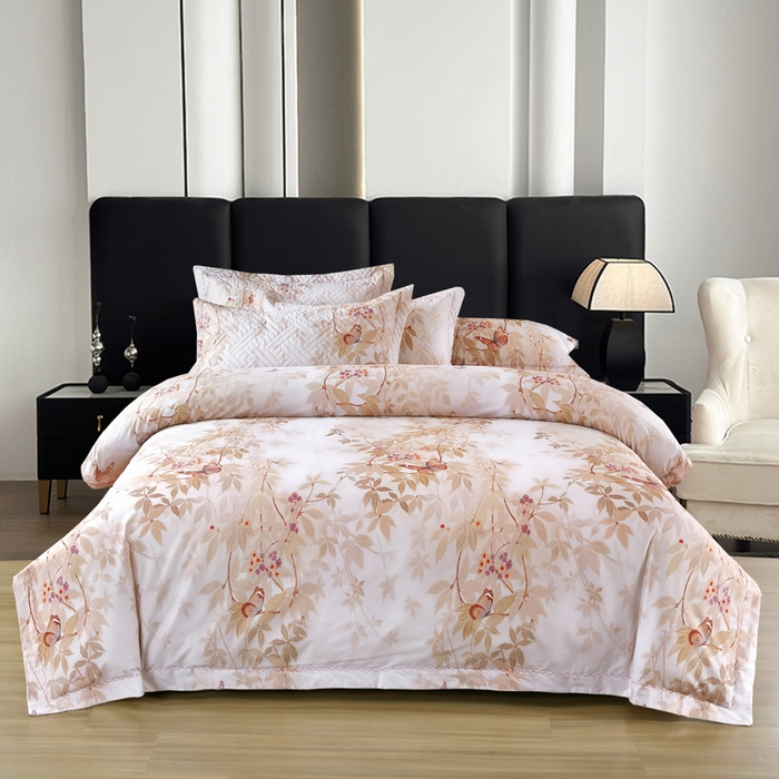 OL家纺 2025新款13376全棉印花床盖四件套 桃枝夭夭-粉