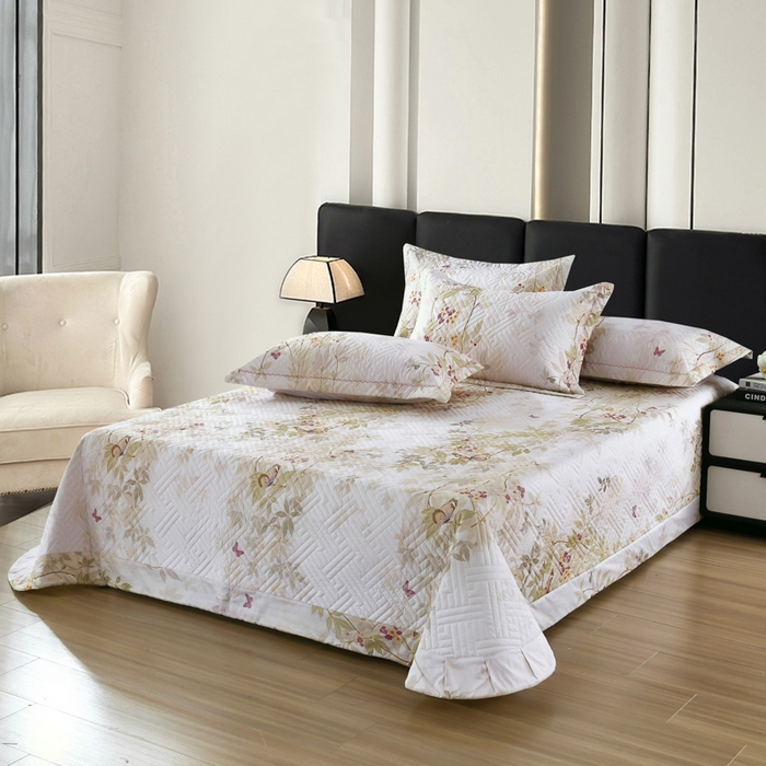 91家纺网 家纺一手货源 找家纺 OL家纺 2025新款13376全棉印花床盖四件套 桃枝夭夭-绿