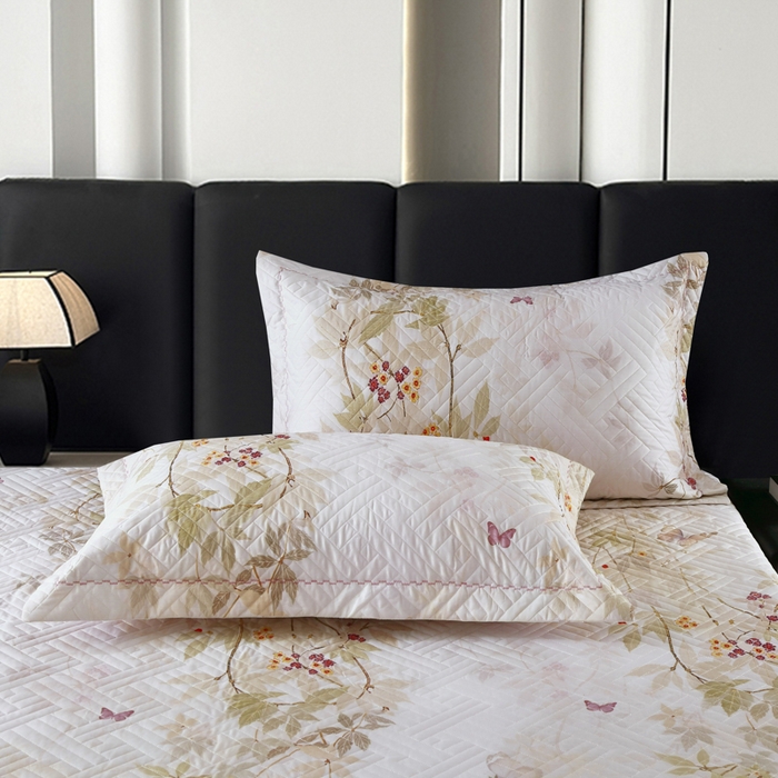 91家纺网 家纺一手货源 找家纺 OL家纺 2025新款13376全棉印花床盖四件套 桃枝夭夭-绿