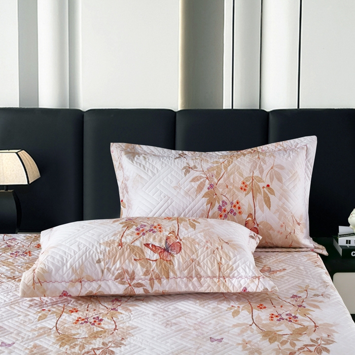 91家纺网 家纺一手货源 找家纺 OL家纺 2025新款13376全棉印花床盖三件套 桃枝夭夭-粉