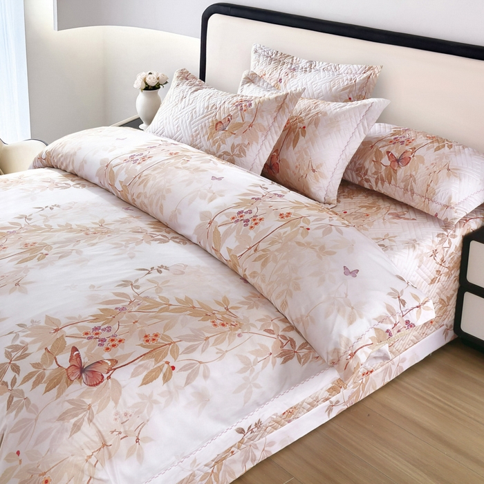 91家纺网 家纺一手货源 找家纺 OL家纺 2025新款13376全棉印花床盖三件套 桃枝夭夭-粉