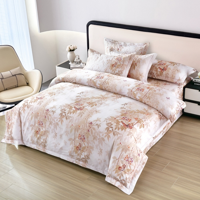 91家纺网 家纺一手货源 找家纺 OL家纺 2025新款13376全棉印花床盖三件套 桃枝夭夭-粉