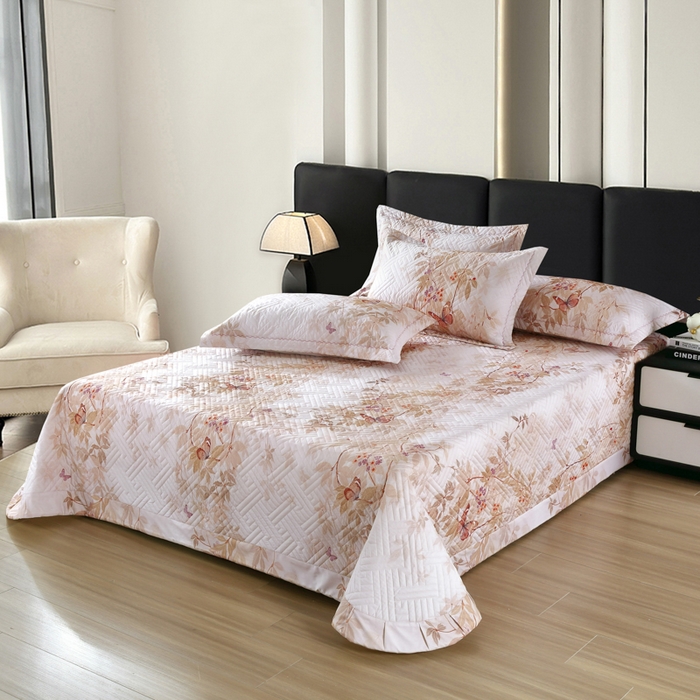 OL家纺 2025新款13376全棉印花床盖三件套 桃枝夭夭-粉