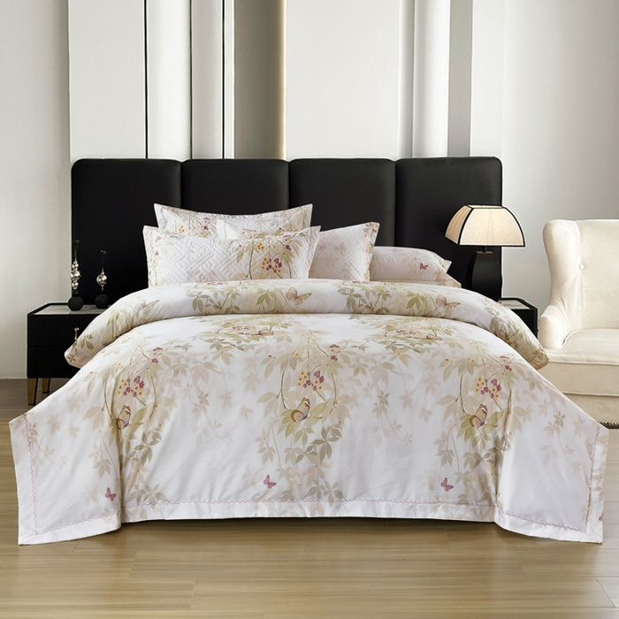 91家纺网 家纺一手货源 找家纺 OL家纺 2025新款13376全棉印花床盖三件套 桃枝夭夭-绿