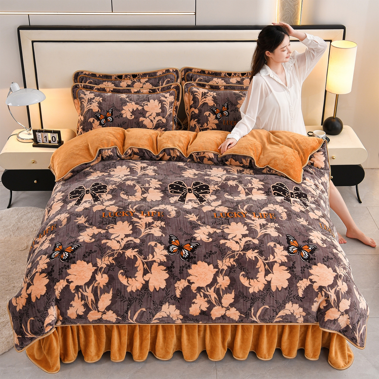 91家纺网 家纺一手货源 找家纺 羽梦2025新款8.5斤牛奶法莱绒金貂法兰绒四件套直播爆款 蝶舞飞扬