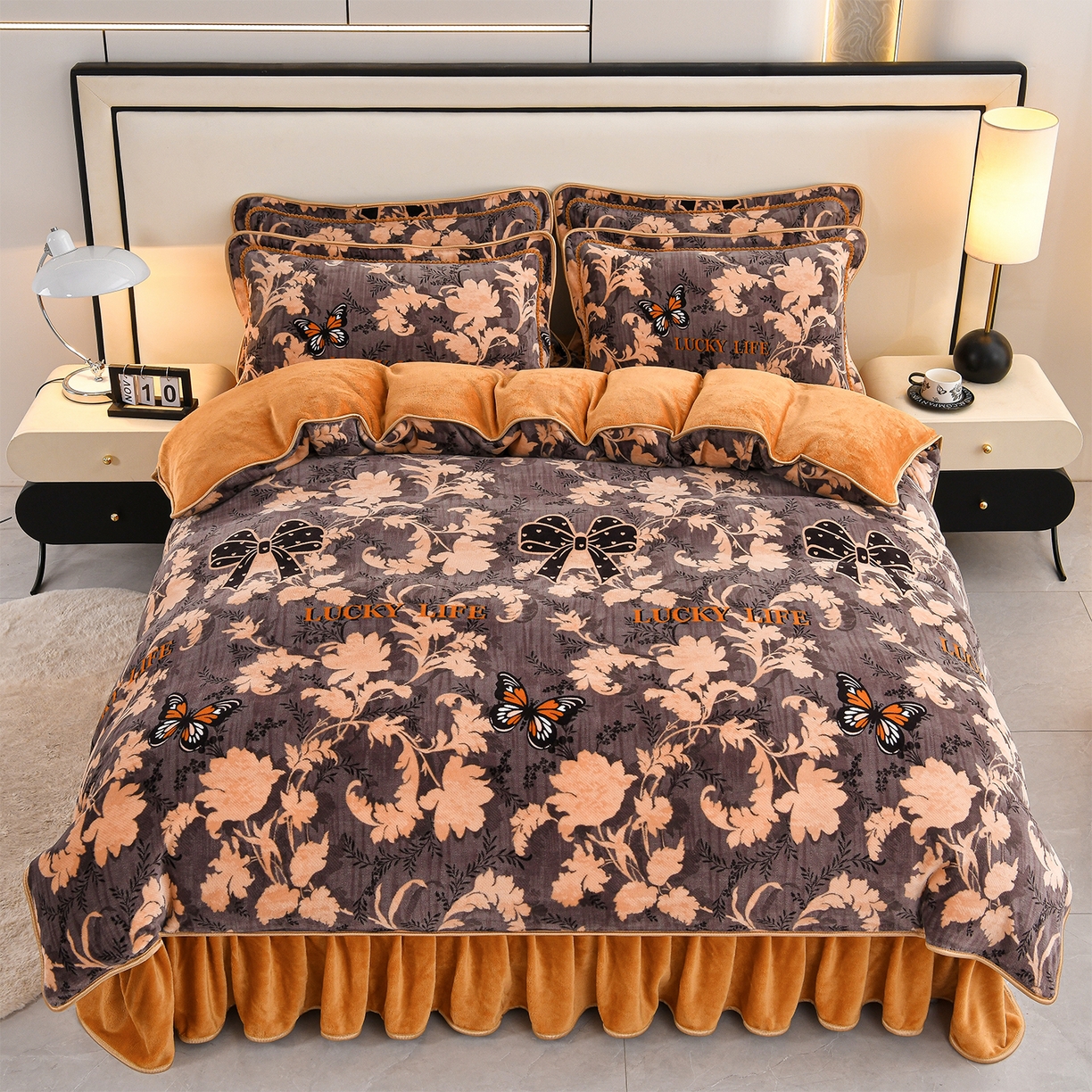 91家纺网 家纺一手货源 找家纺 羽梦2025新款8.5斤牛奶法莱绒金貂法兰绒四件套直播爆款 蝶舞飞扬