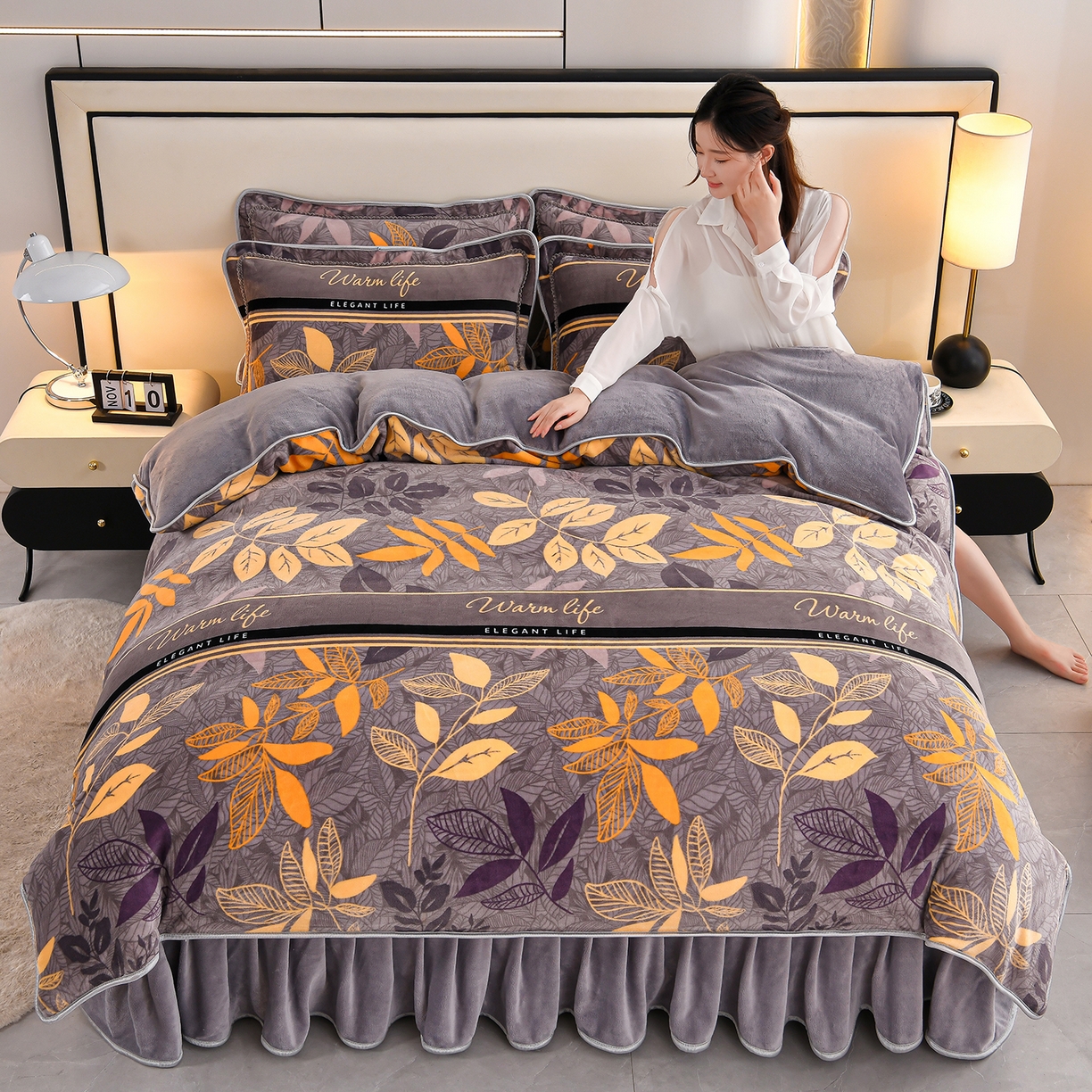 91家纺网 家纺一手货源 找家纺 羽梦2025新款8.5斤牛奶法莱绒金貂法兰绒四件套直播爆款 香叶流年