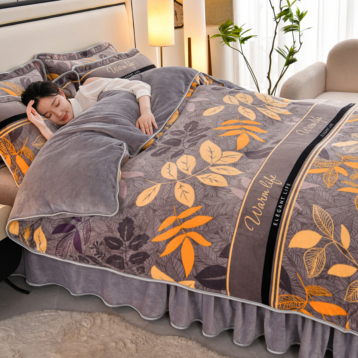 91家纺网 家纺一手货源 找家纺 羽梦2025新款8.5斤牛奶法莱绒金貂法兰绒四件套直播爆款 香叶流年