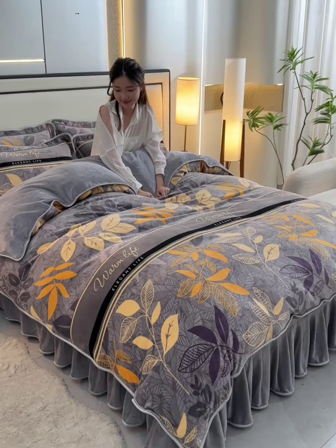 91家纺网 家纺一手货源 找家纺 羽梦2025新款8.5斤牛奶法莱绒金貂法兰绒四件套直播爆款 香叶流年