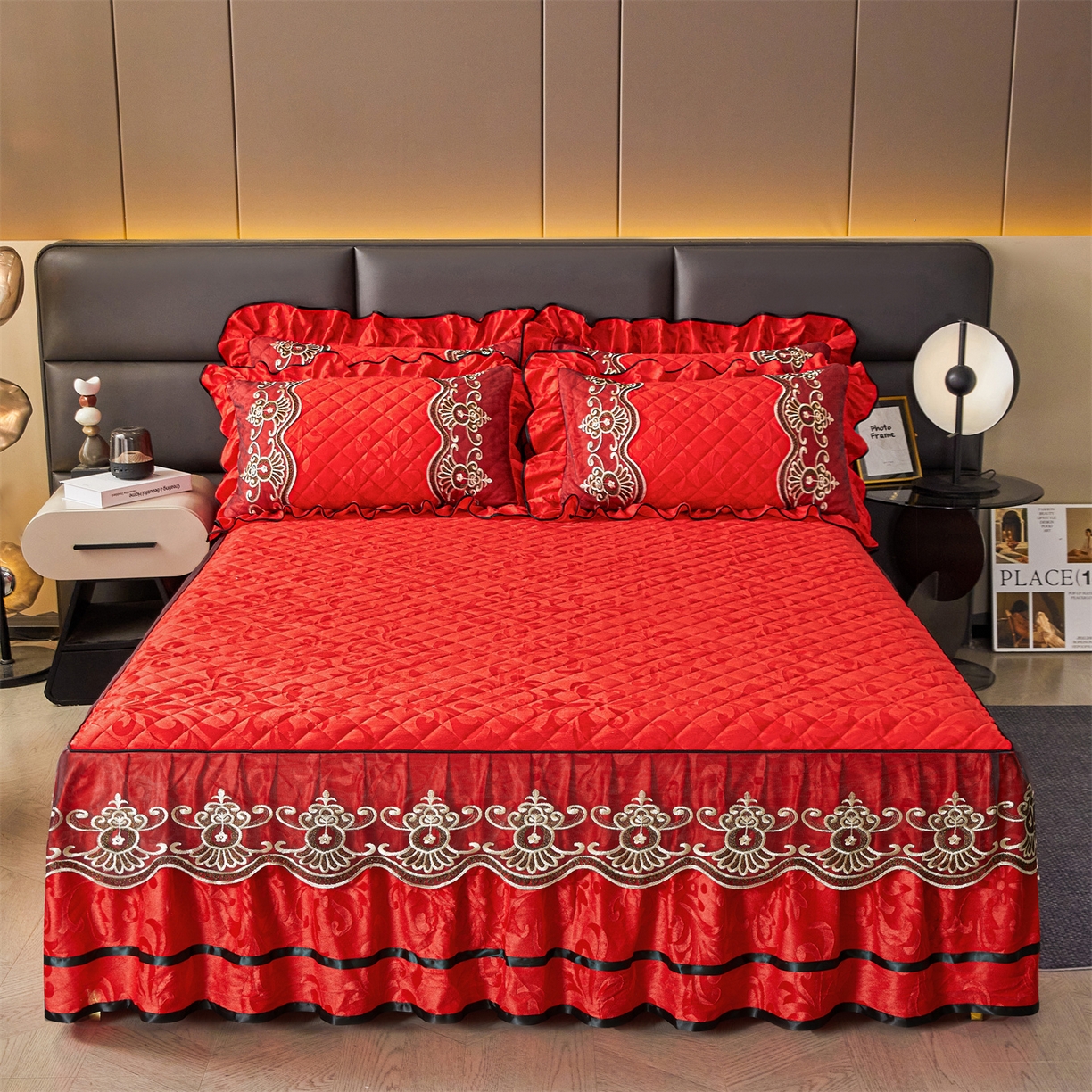 好儿喜家纺 2025新款柔暖天鹅绒夹棉床裙奥菲庄园系列床裙三件套 奥菲庄园-红