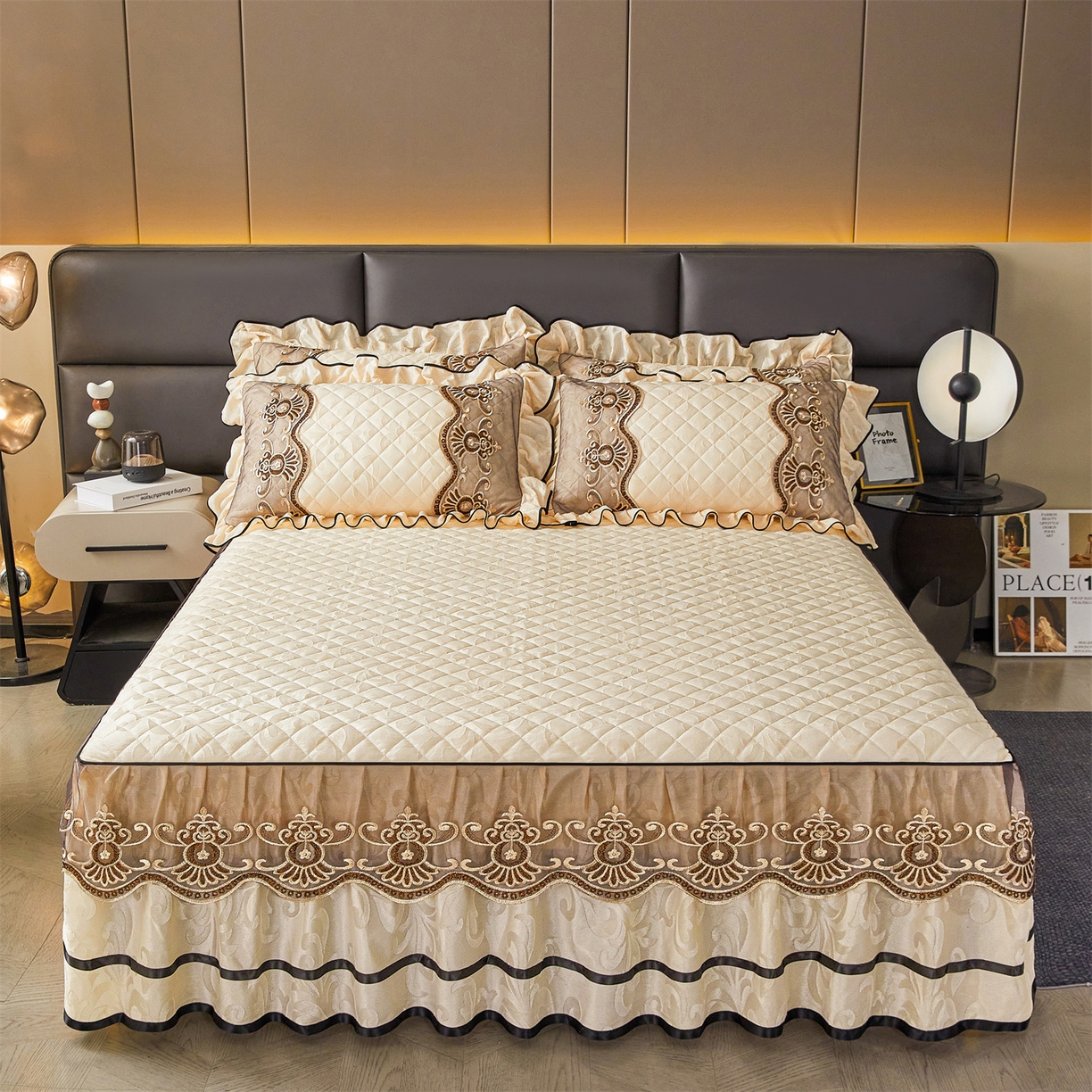 好儿喜家纺 2025新款柔暖天鹅绒夹棉床裙奥菲庄园系列床裙三件套 奥菲庄园-米