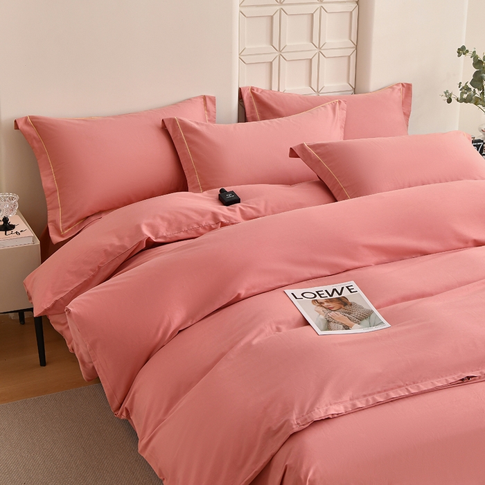 91家纺网 家纺一手货源 找家纺 宇彬家纺 2026直播热爆新款A类13374全棉母婴级一字绣宽边枕套被套纯色单被套贡缎新疆长绒匹马棉轻奢可定做 一字绣-奶油粉