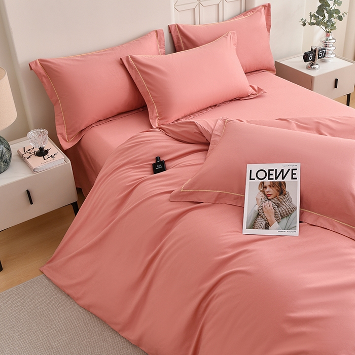 91家纺网 家纺一手货源 找家纺 宇彬家纺 2026直播热爆新款A类13374全棉母婴级一字绣宽边枕套被套纯色单被套贡缎新疆长绒匹马棉轻奢可定做 一字绣-奶油粉