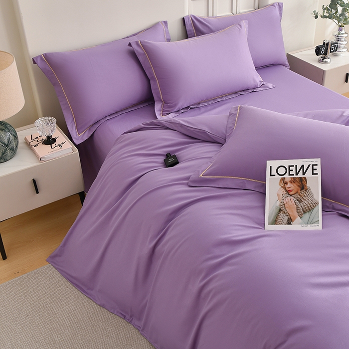 91家纺网 家纺一手货源 找家纺 宇彬家纺 2026直播热爆新款A类13374全棉母婴级一字绣宽边枕套被套纯色单被套贡缎新疆长绒匹马棉轻奢可定做 一字绣-典雅紫