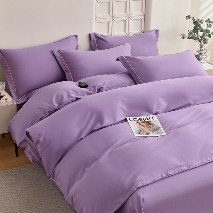 91家纺网 家纺一手货源 找家纺 宇彬家纺 2026直播热爆新款A类13374全棉母婴级一字绣宽边枕套被套纯色单被套贡缎新疆长绒匹马棉轻奢可定做 一字绣-典雅紫